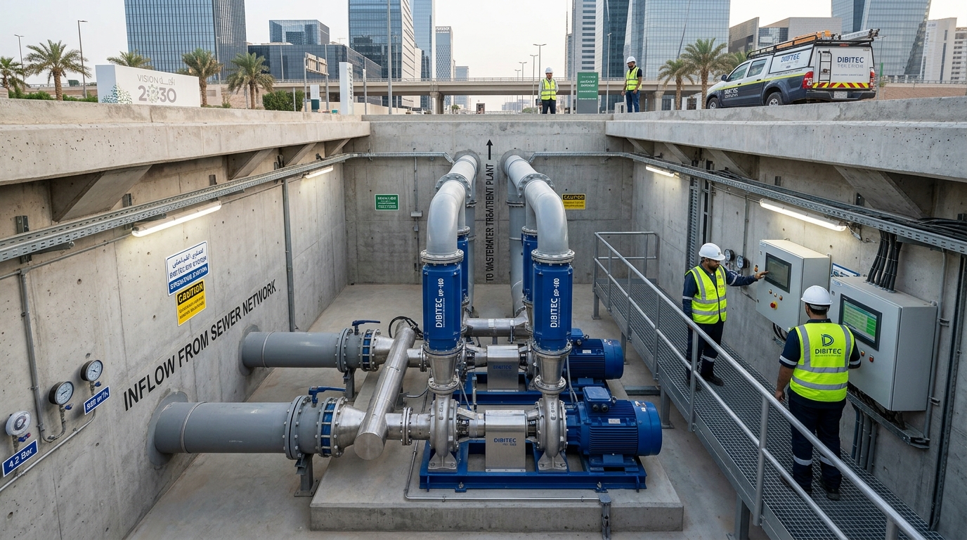 Technical render of an underground Direct In-Line Wastewater Pumping station (DIP System) operating without a wet well, clean and compact direct-drive pumps connected directly to gravity pipes in a modern Saudi smart city layout.