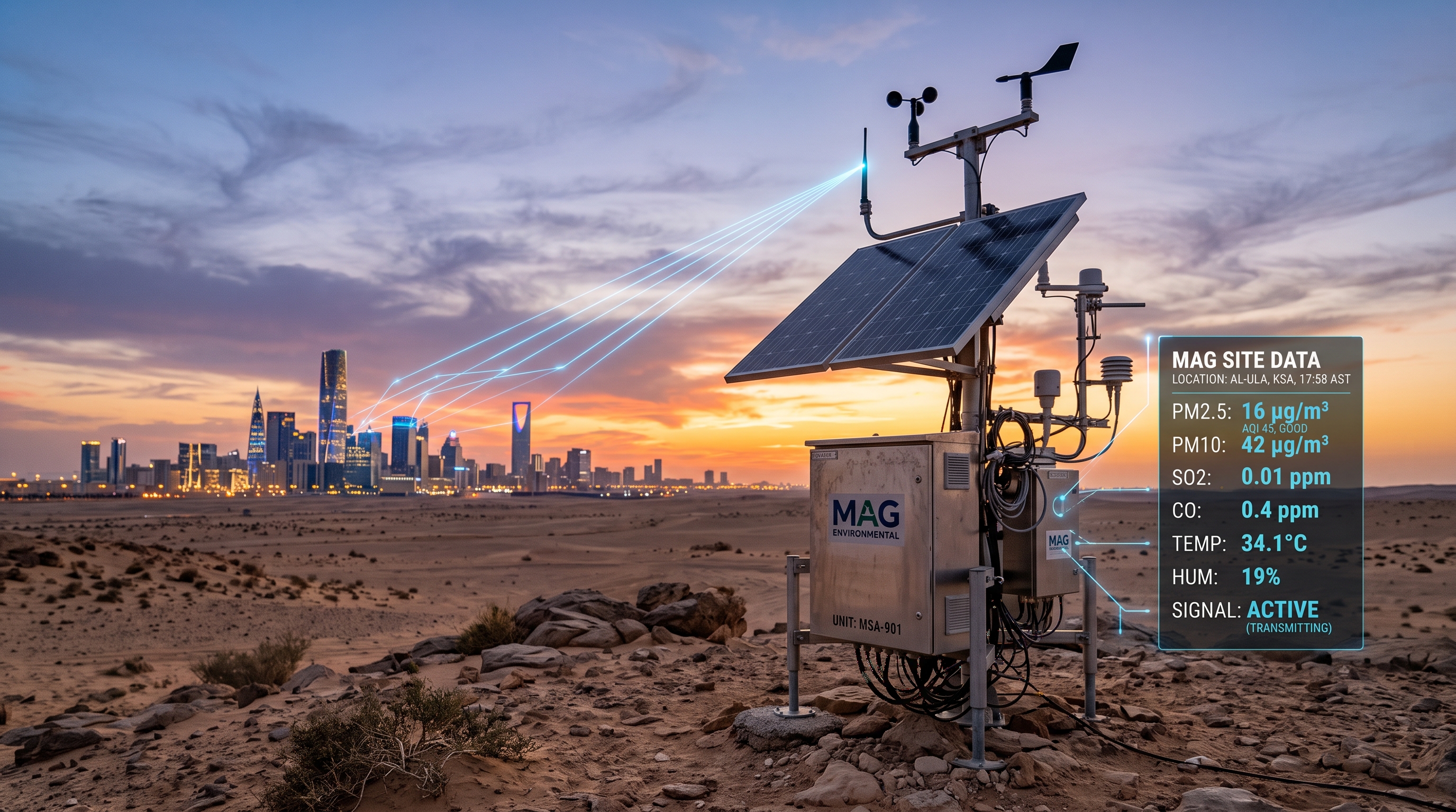 A futuristic, executive B2B visual featuring a ruggedized MAG environmental telemetry monitoring unit standing resiliently in a dramatic Saudi desert sunset, with sleek solar panels and micro-sensors. A clean graphic overlay displays real-time data metrics (PM2.5, gas levels) connecting via luminous digital telemetry lines toward a glowing smart city skyline in the background.